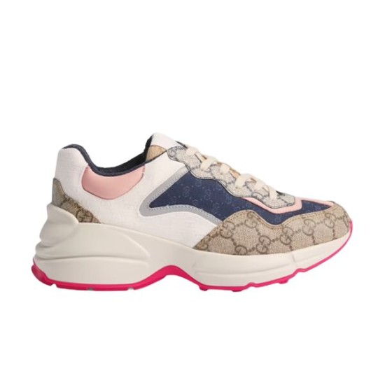 Gucci Rhyton GG Canvas Trainers Side View in beige and pink Side profile of Gucci Rhyton trainers featuring beige GG canvas and pink trim