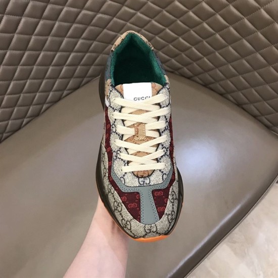 Gucci GG Rhyton Low Top Trainer Front Perspective in beige and brown Front upper perspective view of Gucci GG Rhyton Monogram Canvas Low Top Trainer in beige and brown
