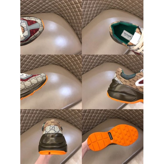 Gucci GG Rhyton Low Top Trainers Detailed Features collage in beige and brown Collage of six detailed views including toe box, green lining, heel, and bright orange tread sole of Gucci GG Rhyton Trainers in beige and brown
