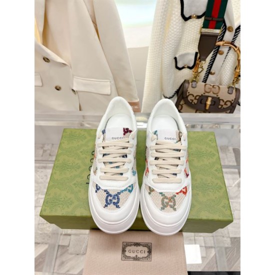 Gucci GG Monogram Canvas Leather Low Top Trainers Front Pair in off-white and multicoloured Gucci GG Monogram Canvas Leather Low Top Trainers top-down front pair in off-white and multicoloured