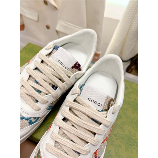 Gucci GG Monogram Canvas Leather Low Top Trainers Tongue Detail in off-white and multicoloured Gucci GG Monogram Canvas Leather Low Top Trainers tongue branding detail in off-white and multicoloured