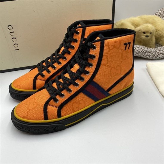 Gucci Off The Grid Monogram High Top Orange Trainers Pair Gucci Off The Grid Monogram High Top Orange Trainers pair angled view
