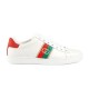 Gucci Interlocking G White Leather Trainer Side Profile in white and red Clean side profile view of Gucci white leather trainer with red and green accents