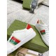 Gucci White Leather Trainer Side Detail in white and red Side profile close-up of Gucci white leather trainer showing stitched sole and side panel in white and red