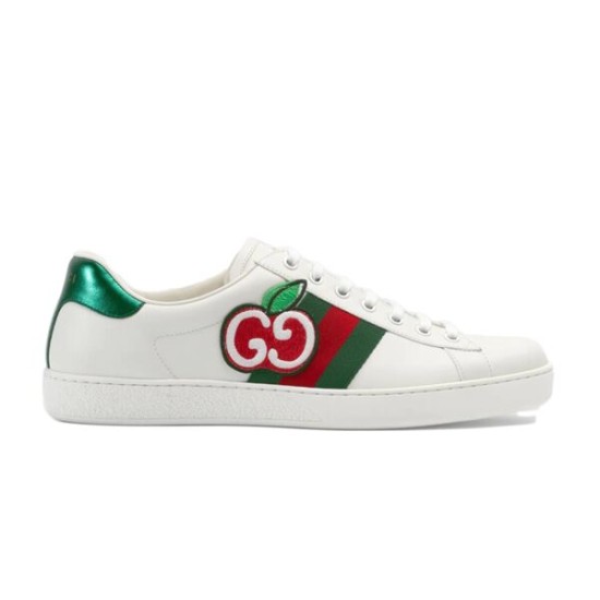 Gucci White Leather Trainer Lateral View in white and green Gucci white leather trainer profile view featuring green and red web stripe and apple patch