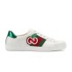 Gucci White Leather Trainer Studio Profile in white and green Studio profile shot of Gucci white leather trainer with GG apple motif in white and green