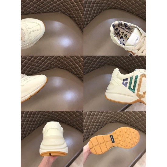 Gucci Rhyton Trainer Detail Collage in ivory Six-panel collage showing details of Gucci Rhyton trainer toe, lining, heel and sole in ivory