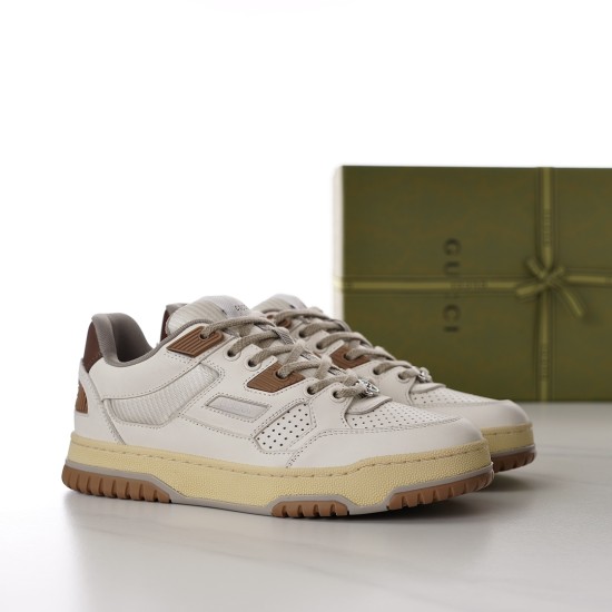 Pair of off-white and brown Gucci trainers displayed in three-quarter view