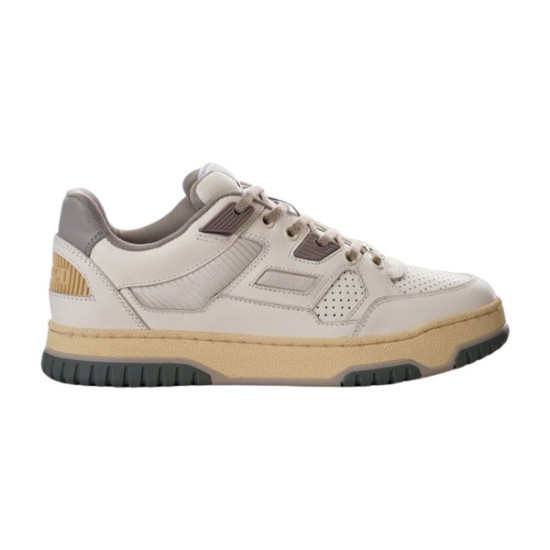 Gucci Low Top Off White Leather Trainer Profile View in off-white and grey Profile view of Gucci low top off-white leather trainer showing grey accents and textured sole