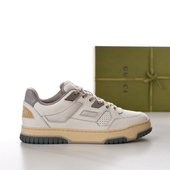 Gucci Low Top Off White Leather Trainer Side Profile in off-white and grey Side profile view of Gucci off-white low top trainer against a white background in off-white and grey