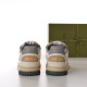 Gucci Off White Leather Trainer Heel View in off-white and grey Rear view of Gucci off-white trainers showing embossed logo heel patches and grey collars