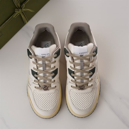 Gucci Off-White Trainers Top View in off-white and beige Top-down view of Gucci low-top off-white trainers showing laces and perforated toes in off-white and beige