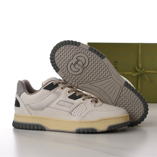 Gucci Trainer Sole Tread View in off-white and beige Gucci off-white trainer shown beside the treaded dark grey rubber outsole in off-white and beige
