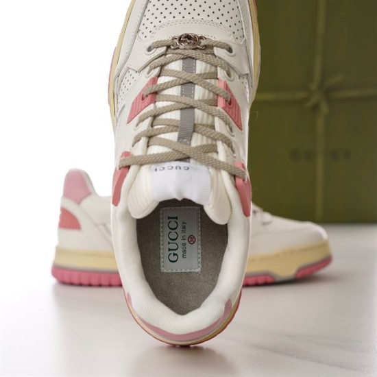 Gucci Low Top Off White Pink Panel Trainers Interior Detail Close-up front angle showing tongue label and interior of Gucci Low Top Off White Pink Panel Trainer