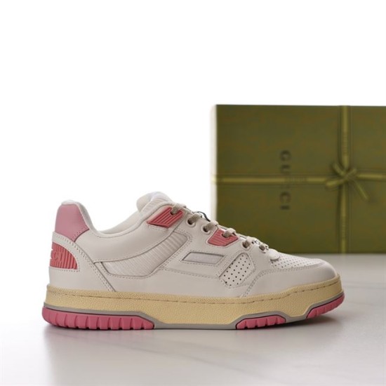 Gucci Low Top Off White Pink Panel Trainer Profile View Profile view of Gucci Low Top Off White Pink Panel Trainer displaying side panels and pink eyelets