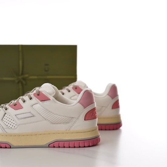 Gucci Low Top Off White Pink Panel Trainer Back Angle Back angle three-quarter view showing heel tab and sole construction of Gucci Low Top Off White Pink Panel Trainer