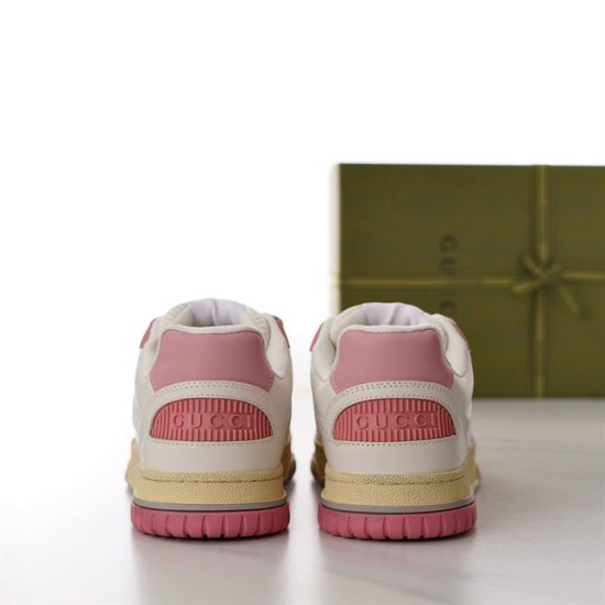 Gucci Low Top Off White Pink Panel Trainers Rear View Rear view of both heels on Gucci Low Top Off White Pink Panel Trainers showcasing pink embossed branding