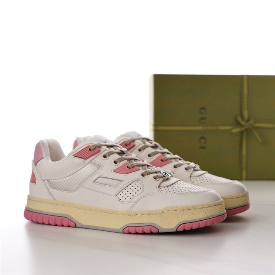 Gucci Low Top Off White Pink Panel Trainers Pair View Three-quarter view of Gucci Low Top Off White Pink Panel Trainers with green shoebox in the background