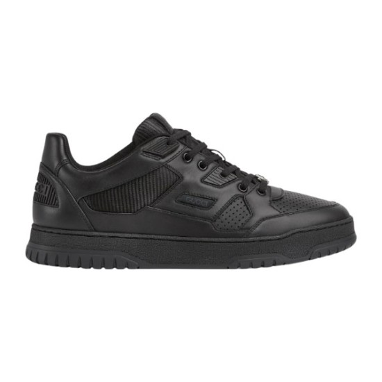 Side profile of Gucci low top trainer in black leather