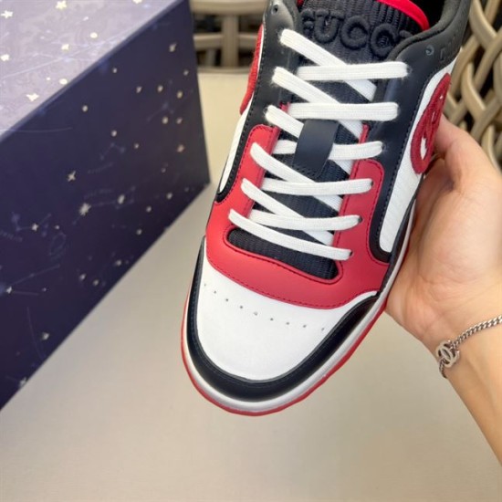 Gucci Mac80 Trainer Toe Box Detail in red and black Close-up of Gucci Mac80 trainer toe box, white laces and red leather trim in red and black
