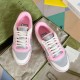 Gucci Mac80 Trainers Top Down View in Box in white and grey Pair of Gucci Mac80 white grey and pink trainers inside shoebox overhead view