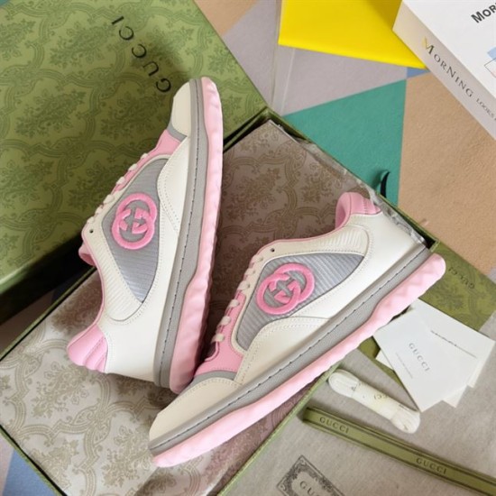 Gucci Mac80 Pink Grey Trainer Angled View in white and grey Angled side view showing lateral panels of Gucci Mac80 pink and grey trainers in white and grey