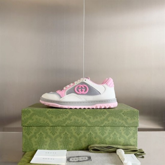 Gucci Mac80 Trainer Side View with Box in white and grey Gucci Mac80 white grey and pink trainer on green patterned shoebox side view
