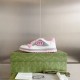 Gucci Mac80 Trainer Side View with Box in white and grey Gucci Mac80 white grey and pink trainer on green patterned shoebox side view