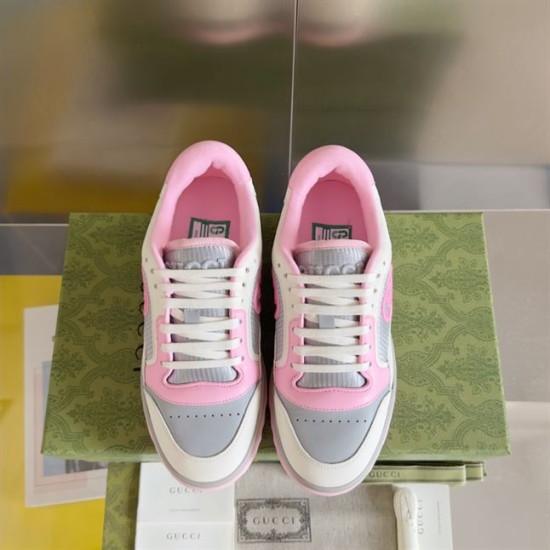 Gucci Mac80 Trainers Overhead View in white and grey Overhead view of Gucci Mac80 white grey and pink leather trainers paired together