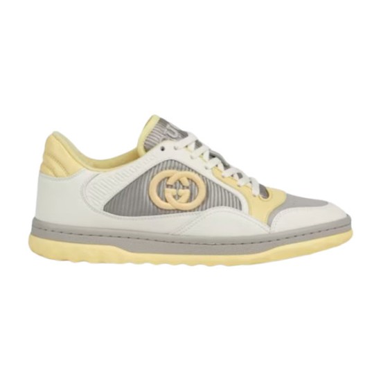 Profile view of Gucci Mac80 trainers in white leather with grey textile and yellow accents