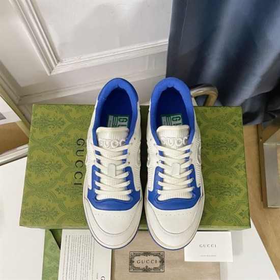 Gucci Mac80 Off White Blue Trainers Overhead View Overhead view of off-white and blue leather trainers displaying front laces and branded tongue tabs in off white and blue
