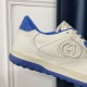 Gucci Mac80 Logo Embroidery and Heel Detail in off white and blue Close-up of the off-white embroidered Interlocking G logo and blue heel panel on Gucci trainers in off white and blue