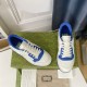 Gucci Mac80 Trainers Front and Toe View in off white and blue Top-down view of off-white leather trainers with blue eyelet surrounds on a patterned box in off white and blue