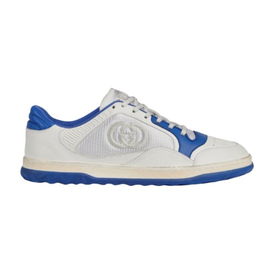 Gucci Mac80 Off White Leather Blue Accent Trainers Side Profile Profile view of Gucci Mac80 Off White Leather Blue Accent Trainers showing side embroidery and blue sole
