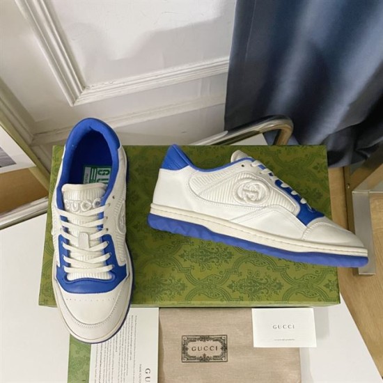 Gucci Mac80 Off White Leather Trainers Display in off white and blue Side profile and top view of Gucci off-white and blue trainers arranged on a branded box in off white and blue
