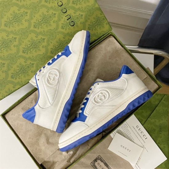 Gucci Mac80 Off White Blue Trainers Box Set Pair of Gucci Mac80 trainers in off-white leather and blue detailing inside green branded box in off white and blue