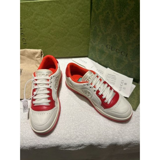 Gucci Mac80 Leather Low-Top Trainers In White And Red Pair Display Pair of Gucci Mac80 Leather Low-Top Trainers In White And Red with branded packaging