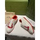Gucci Mac80 Leather Low-Top Trainers In White And Red Overhead Perspective Gucci Mac80 Leather Low-Top Trainers In White And Red angled top view