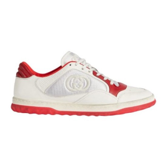 Gucci Mac80 Leather Low-Top Trainers In White And Red Isolated View Gucci Mac80 Leather Low-Top Trainers In White And Red studio side shot