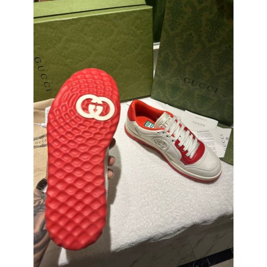 Gucci Mac80 Leather Low-Top Trainers In White And Red Sole Detail Underside of the red rubber sole on Gucci Mac80 Leather Low-Top Trainer in white and red