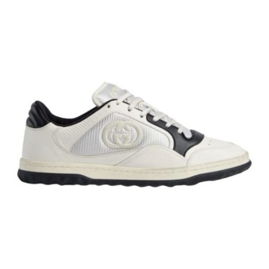 Gucci Mac80 Low Top Trainer Lateral Side in off white and black Full lateral side view of Gucci Mac80 Off White And Black Leather Low Top Trainer
