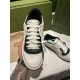 Gucci Mac80 Trainer Toe Box Detail in off white and black Close-up front view of Gucci Mac80 Off White And Black Leather Low Top Trainer toe box and laces