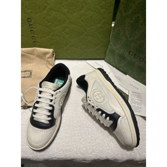 Gucci Mac80 Leather Trainers Front Angle View in off white and black Gucci Mac80 Off White And Black Leather Low Top Trainers front and side view display