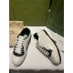 Gucci Mac80 Leather Trainers Front Angle View in off white and black Gucci Mac80 Off White And Black Leather Low Top Trainers front and side view display