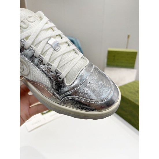 Gucci Mac80 Metallic Silver Trainer Toe Detail in silver and off-white Close-up of metallic silver leather toe box on Gucci Mac80 trainer in silver and off-white