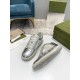 Gucci Mac80 Metallic Silver Trainers Top View in silver and off-white Top-down view of metallic silver Gucci Mac80 trainers with extra laces and packaging in silver and off-white