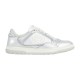 Gucci Mac80 Metallic Silver Trainer Side View in silver and off-white Side profile of Gucci Mac80 metallic silver low top leather trainer with off-white logo patch