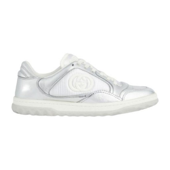 Gucci Mac80 Metallic Silver Trainer Profile in silver and off-white Lateral side view of single Gucci Mac80 metallic silver trainer against white background in silver and off-white