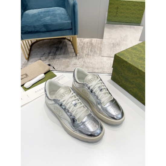 Gucci Mac80 Metallic Silver Trainers Overhead View in silver and off-white Overhead pair view of metallic silver low top Gucci Mac80 trainers in silver and off-white
