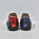 Gucci Men's Ace Bee Embroidered Black Leather Trainers - Back View Rear view of Gucci Men's Ace Bee Embroidered Black Leather Trainers showing metallic red and blue heels with brand logo